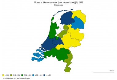 Kaart van percentage Nederlandse musea in rijksmonument t.o.v totaal musea, RCE 2012.