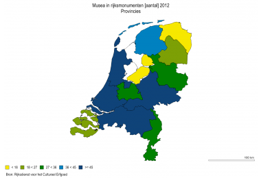 Kaart van percentage Nederlandse musea in rijksmonument, RCE 2012.